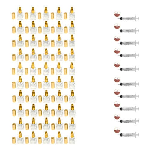 50 Frascos De Vidro 10ml Válvula Spray Dourado + 10 Seringas Com Adaptador