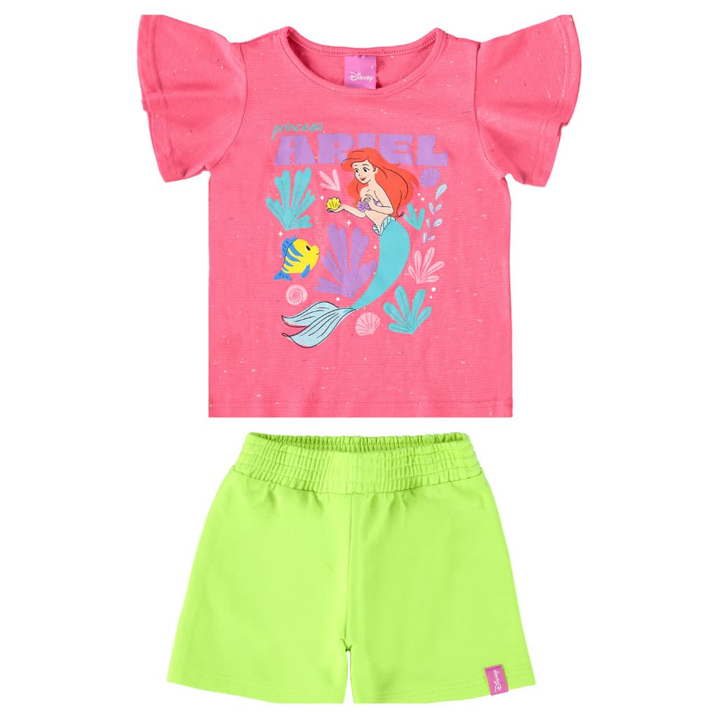Conjunto Blusa Manga Curta+Short Princesas Moana Ariel