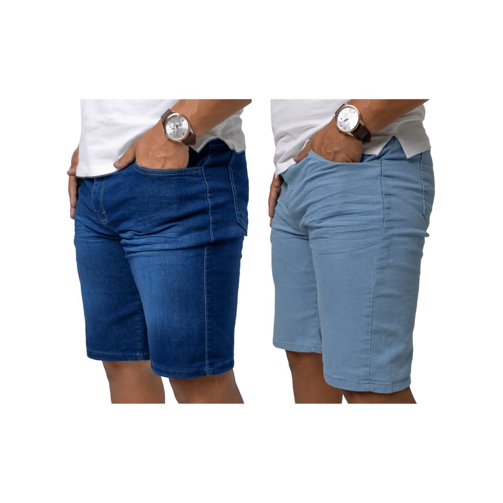 KIT 2 Bermuda Masculina Jeans Lisas Azul médio e  Azul Clara C/  Lycra Elastano - Short Masculino