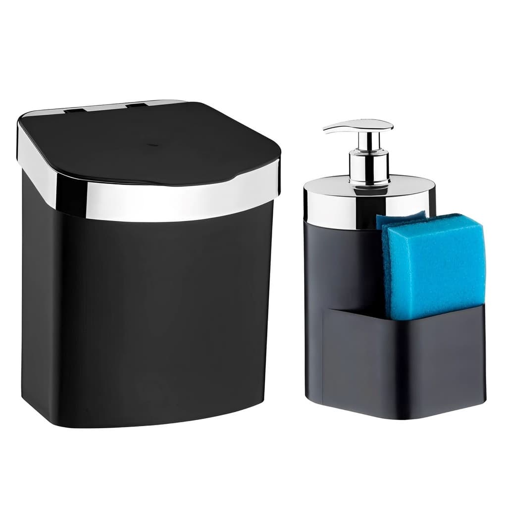Kit Lixeira 2,5L Dispenser Porta Detergente Líquido Esponja P/ Pia Cozinha Preto Cromado - Future