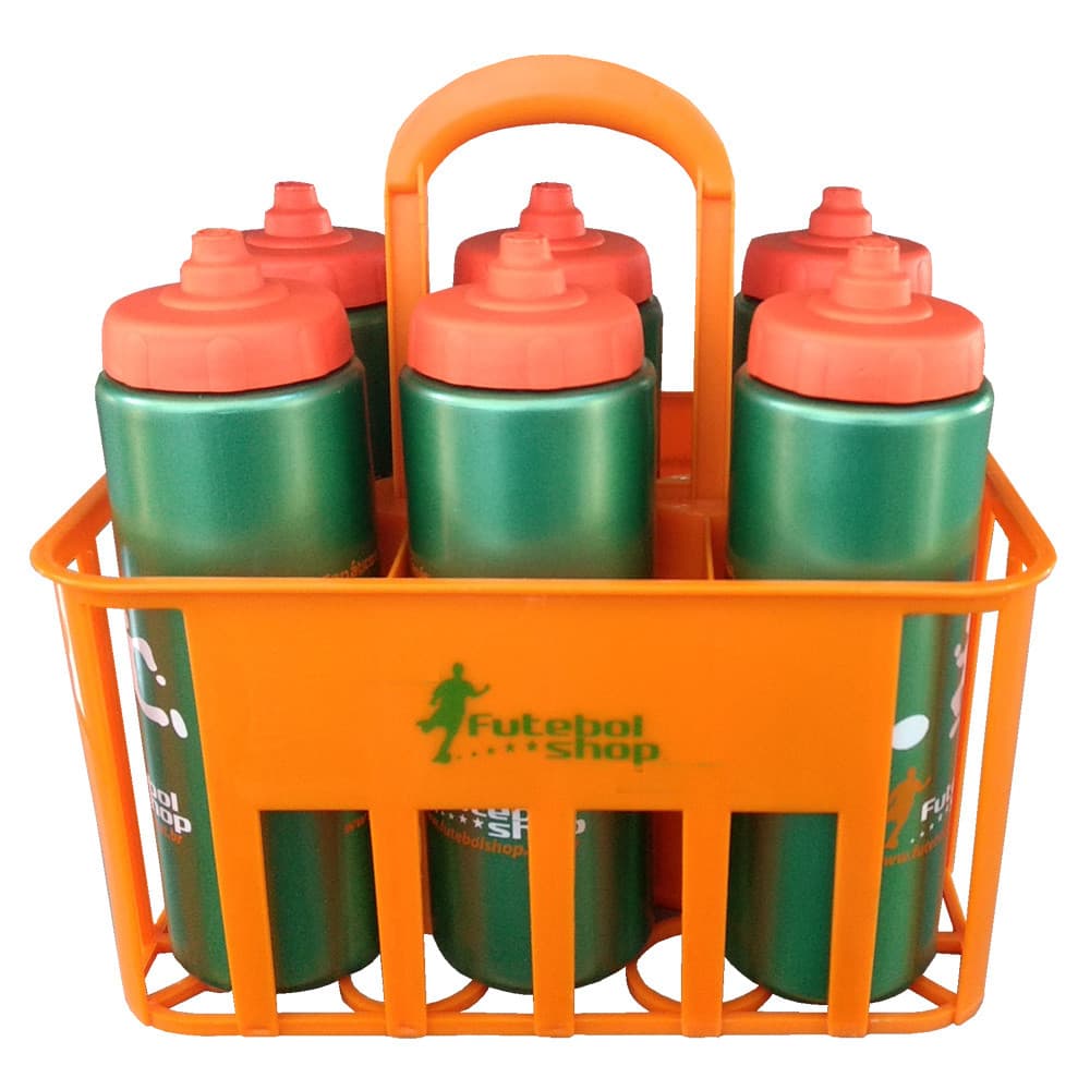 Kit c/6 Squeeze + Cesta Porta Garrafas Laranja Bico Automático