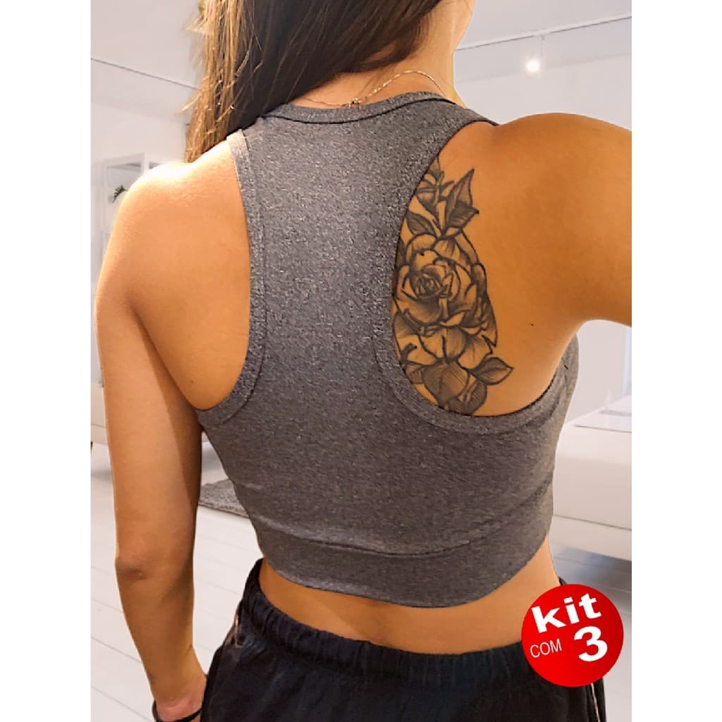Top Academia Feminino Kit c/ 3 Top Nadador Cropped Fitness Premium Leve e Fresquinho- 3 Tops cinza Fitness Nadador
