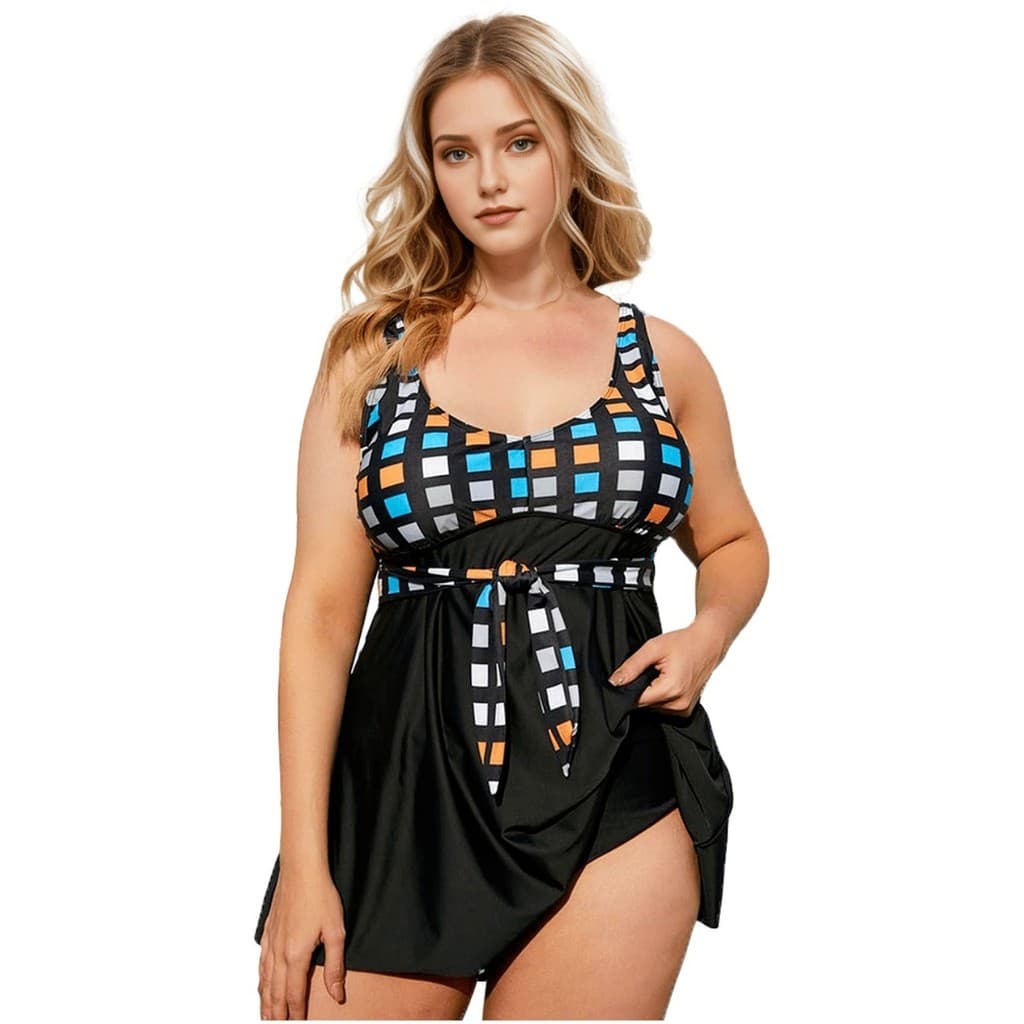 Maiô plus size, estampa xadrez, cintura marcada, cobertura abdominal, maiô resort