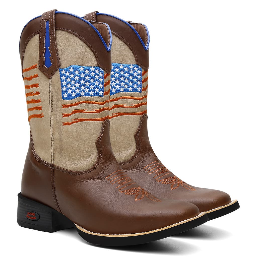 Bota Texana Country Masculina Bandeira Americana Bordada Bico Quadrado Confortável Botina 2586