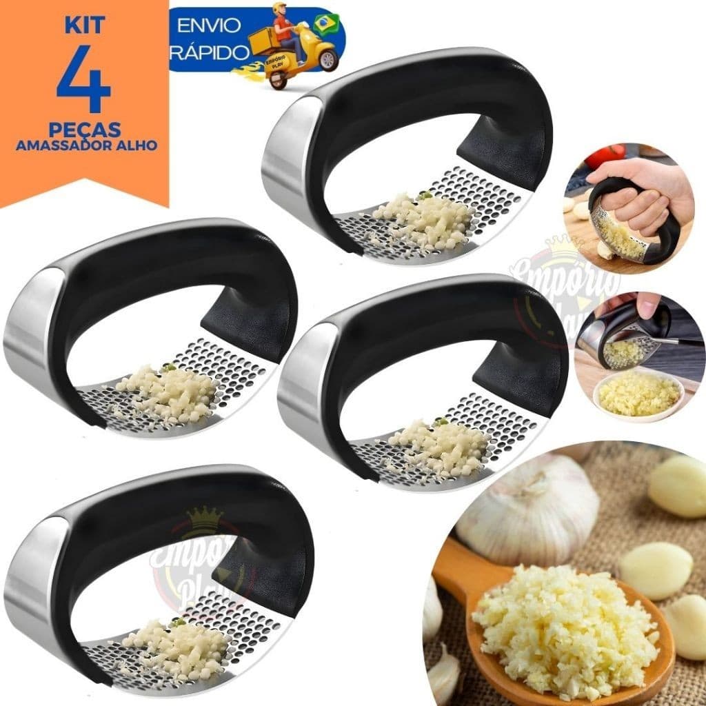 Kit 4 Espremedor Amassador Triturador De Alho Inox Manual Cozinha Moedor