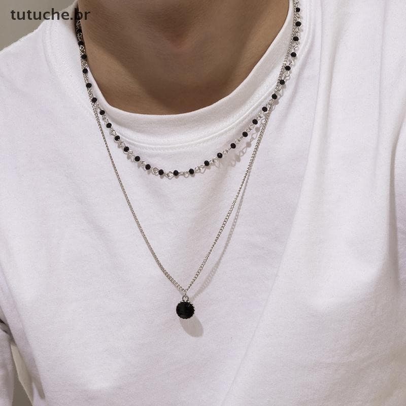 TU Simples Colar De Pérolas De Camada Dupla Homem Pingente De Strass Preto Para Corrente Masculina Acessórios De Joias B