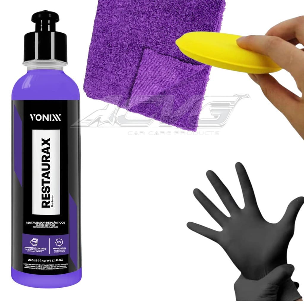 KIT Restaurax 240ml Vonixx Aplicador microfibra e luvas Restaurador e Revitalizador de Plásticos Internos e Externos
