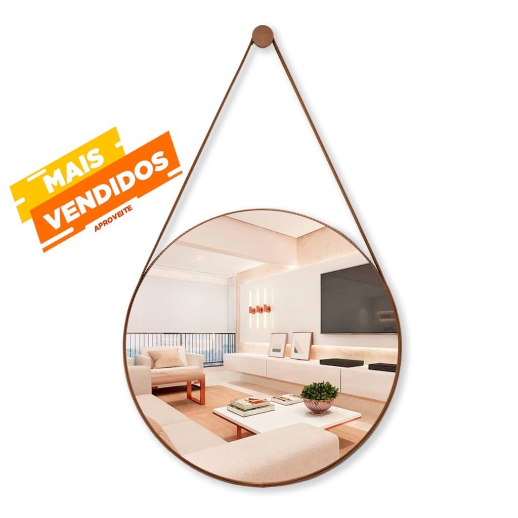 Espelho Redondo Decorativo Adnet Suspenso Com e Sem Alça 40cm + Pendurador