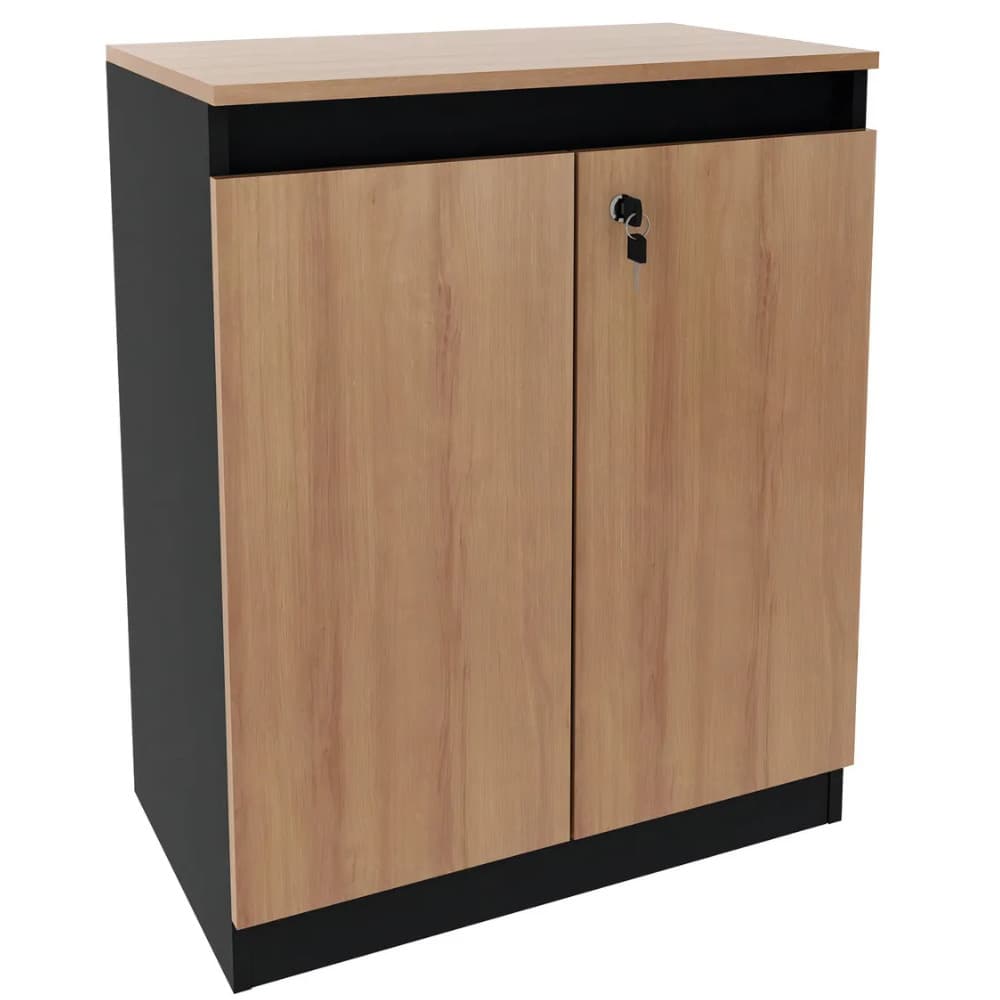 Balcão Para Escritório ME4149 Tecno Mobili Amêndoa/Preto com 2 Portas, 1 com Chave, Estrutura em MDP, Design Minimalista