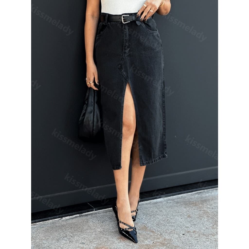 ninajeans 8181 Saia Jeans Feminina Cintura Alta saia midi sem rascada marmore escuro 8181