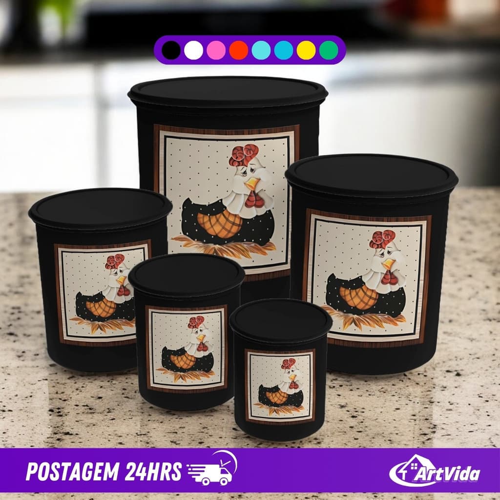 Kit Jogo Potes para Mantimentos Preto Decorado Galinha Vedação Click Plástico Durável – ArtVida