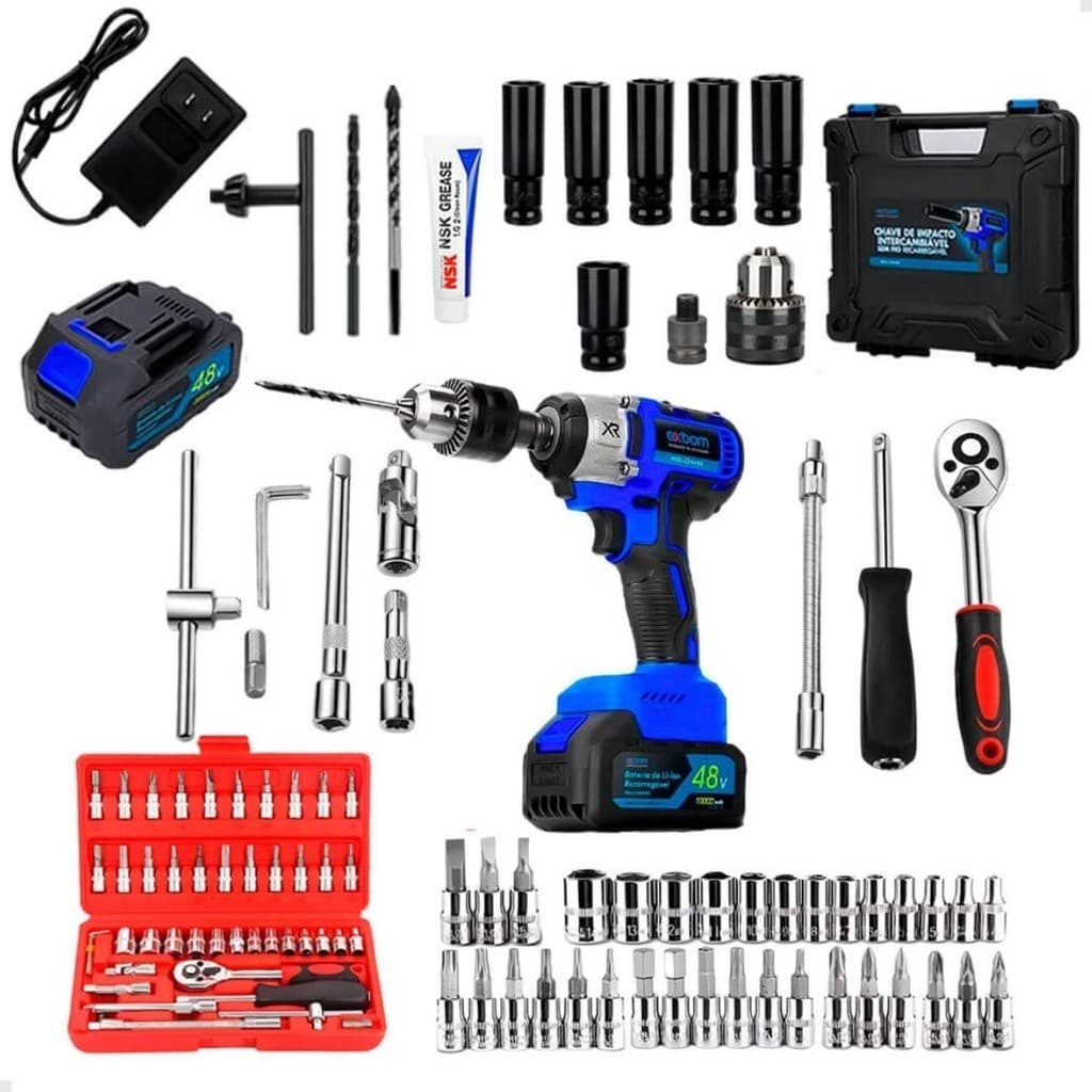 Furadeira Chave Impacto Cachão Kit Jogo Soquete Catraca 46pç