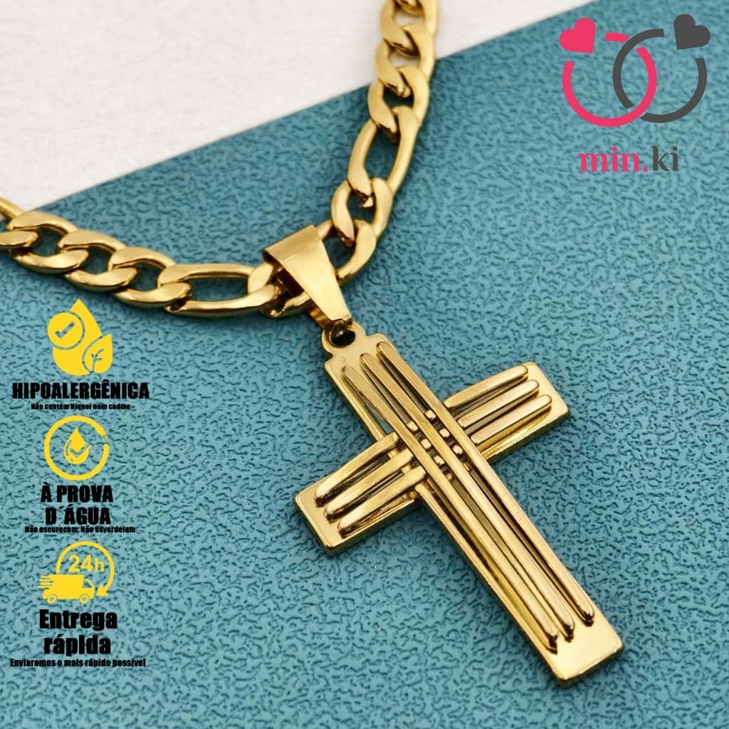 Corrente Grossa com Pingente de Cruz Curvada - Masculino, Cordão em Aço Inox Folheado a Ouro 18K