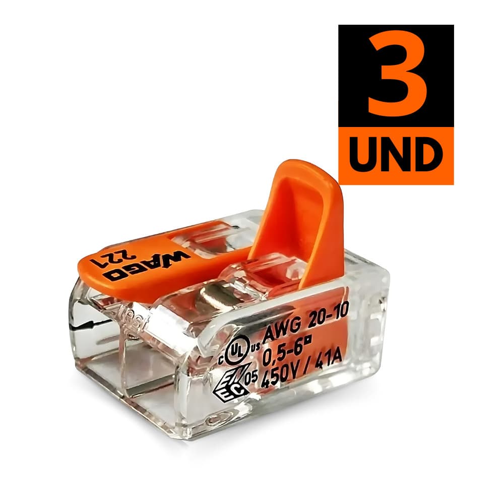 Kit 3 Conectores Emenda Para Fios Elétrico Chuveiro 2 Polos Flexível 0,5 – 6,0 mm² 41A Wago