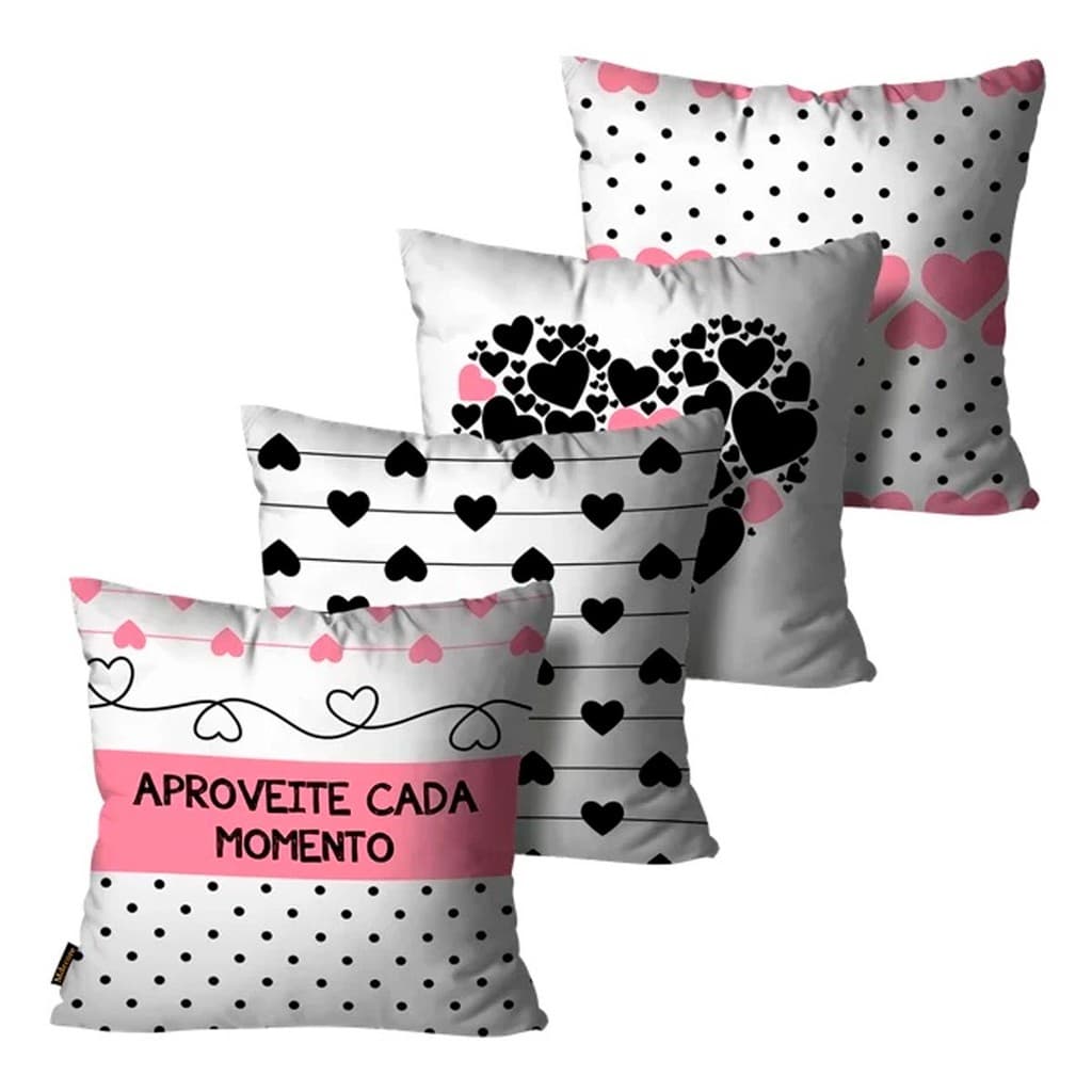 Kit 4 Capa Almofadas Decorativa Rosa, Preto e Branco 45x45cm