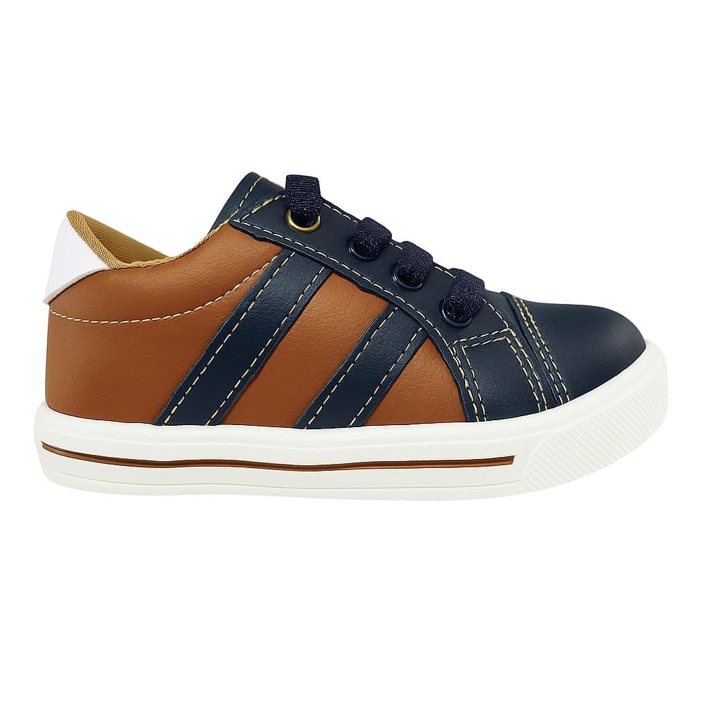Tênis Infantil Masculino Casual Marrom Azul Cadarço Elástico Antiderrapante Confortável