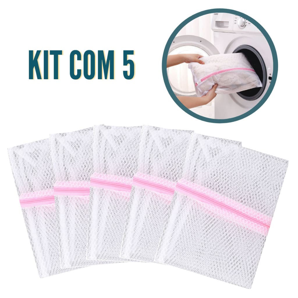 Kit 5 Sacos Para Lavar Roupas na Máquina Com Ziper Protetor de Roupa Íntima Tecido Delicado