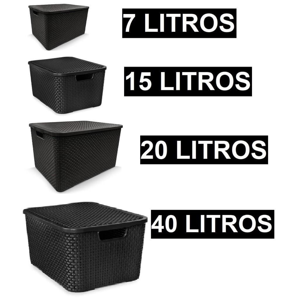 Caixa Organizadora Preta com Tampa Rattan 7 litros / 20 litros