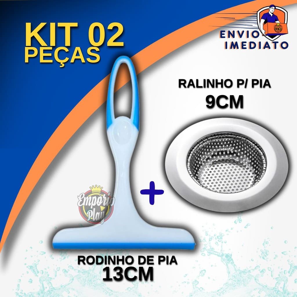 Kit Rodinho de Pia 13cm + Ralinho Inox 9cm Pia Cozinha Rodo Seca Vidro Com Cestinho para Válvula