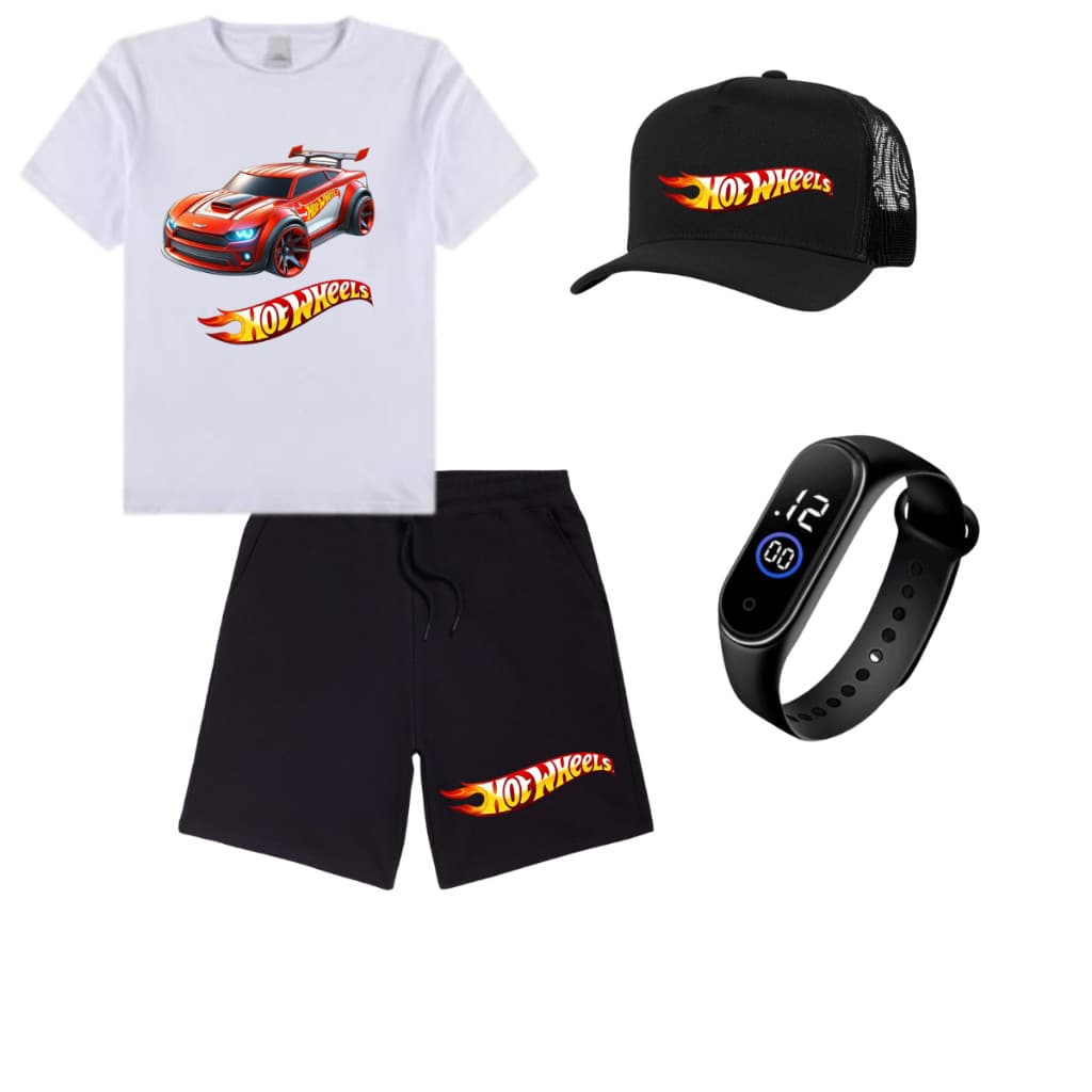 Conjunto Infantil Carros Hot Wheels Menino Camiseta e Short + religio + bone tamanho  4 ao 16