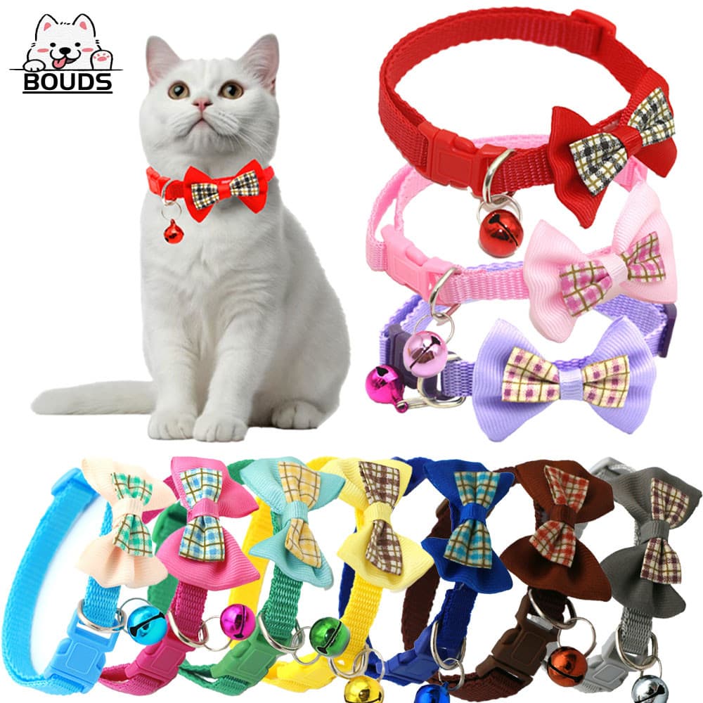 Colar para animais de estimação ajustável, com sininho e laço, colar em nylon para cães e gatos pequenos
