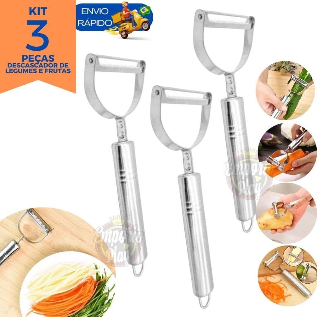 Kit 3 Descascador De Legumes Frutas Verduras Em Aço Inox Profissional
