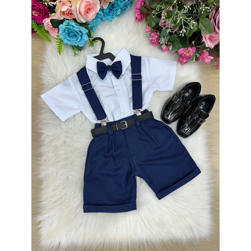 Conjunto Infantil Social Menino Suspensorio e Shorts Azul Marinho Formatura Noivinho Casamento Pagem