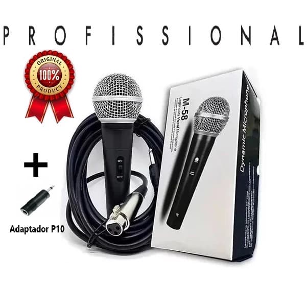 Microfone profissional dinâmico com fio M-58 Sm-58 M58 + cabo 5 metros + adaptador P10 para P2