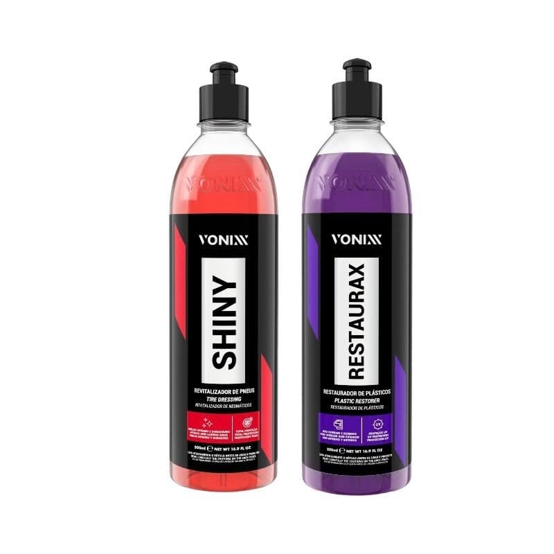 Kit Vonixx SHINY + RESTAURAX – Revitalizador de Pneus e Restaurador de Plásticos 500ml
