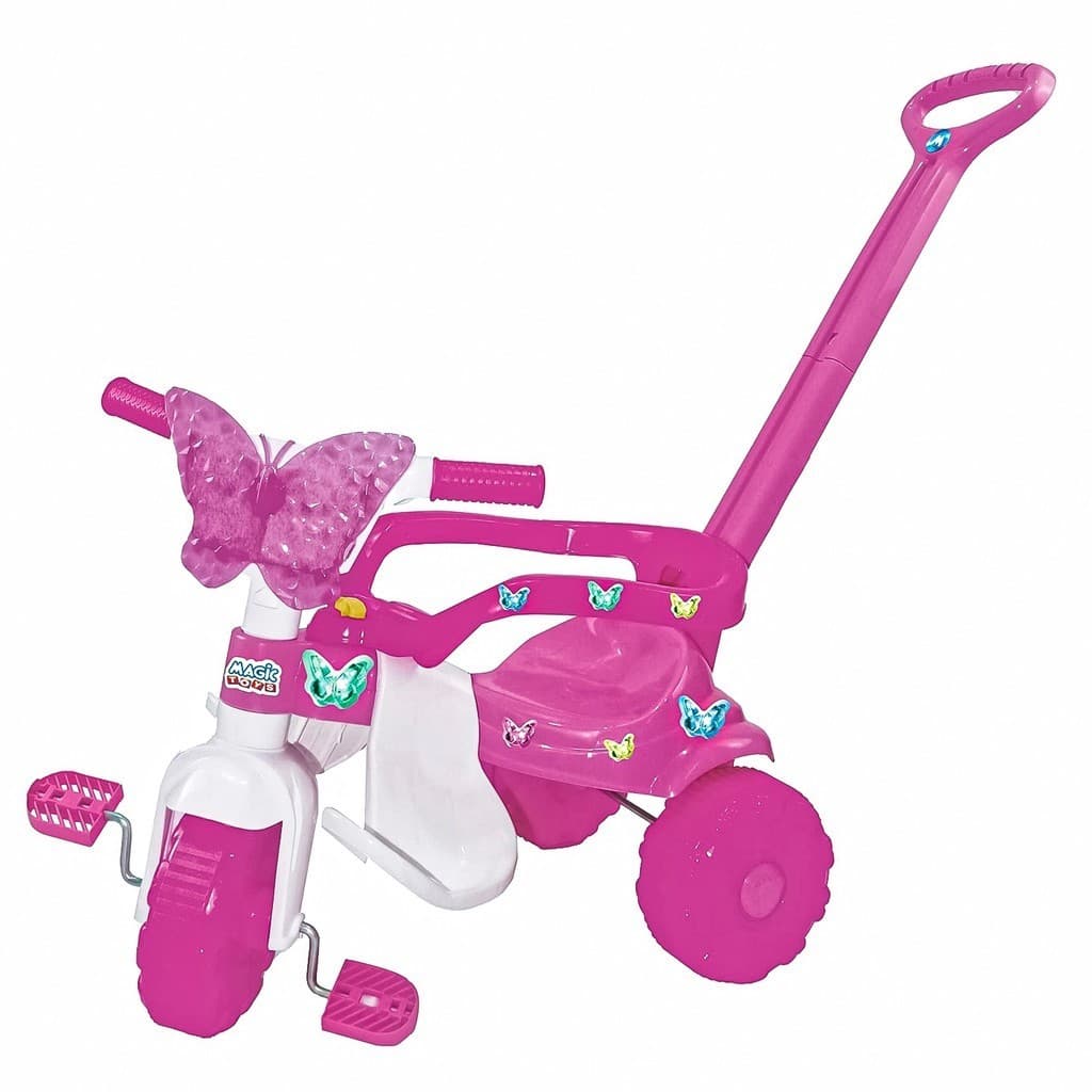 Triciclo Infantil Rosa Para Meninas Butterfly Motoca Com Haste Colorida - Magic Toys