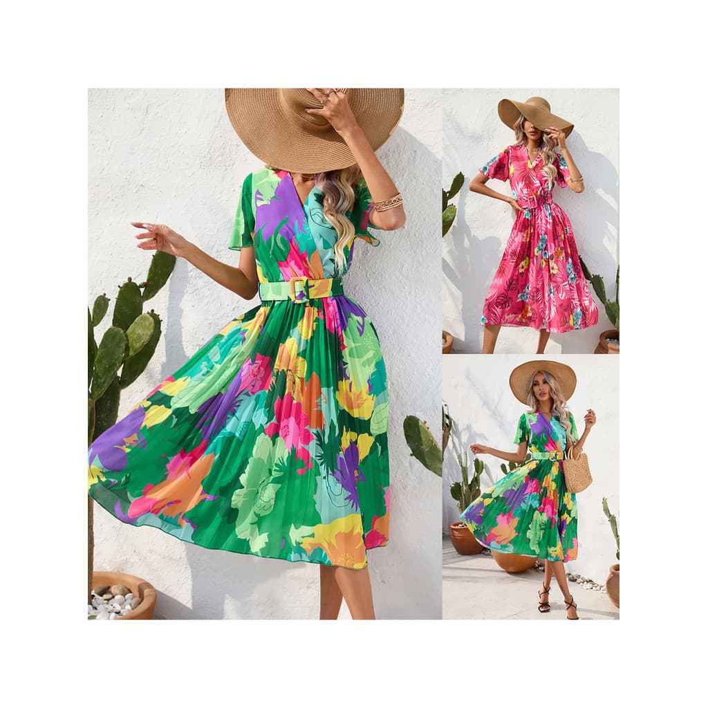Saia Comprida Estampada Vestido Casual De Verão Com Cinto E Manga Curta