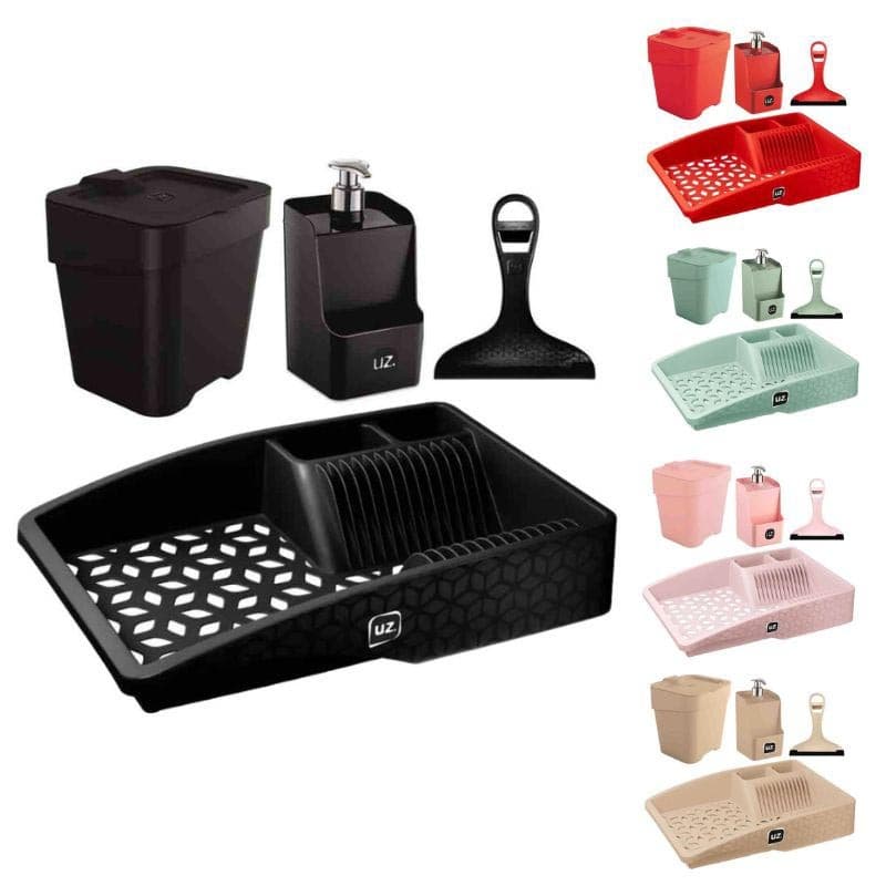 Kit 4 Peças Utensílios Para Cozinha Lixeira Rodinho Porta Detergente E Escorredor De Louças Slim UZ