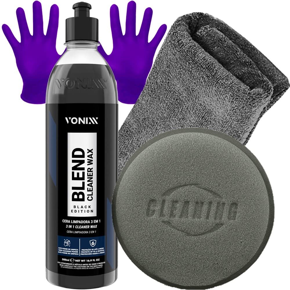 Cera Automotiva Vonixx Blend Cleaner Black para Carro Moto Cores Escuras Aplicador Toalha e Luva Nitrílica