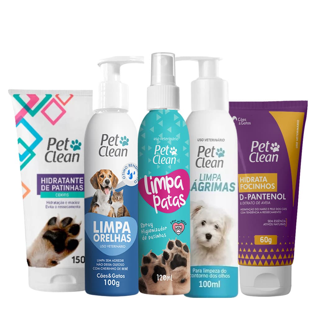 Kit Pós Banho 5 itens - Limpa Lágrimas orelha Patas Hidratante de Focinho e Patinhas - Pet Clean