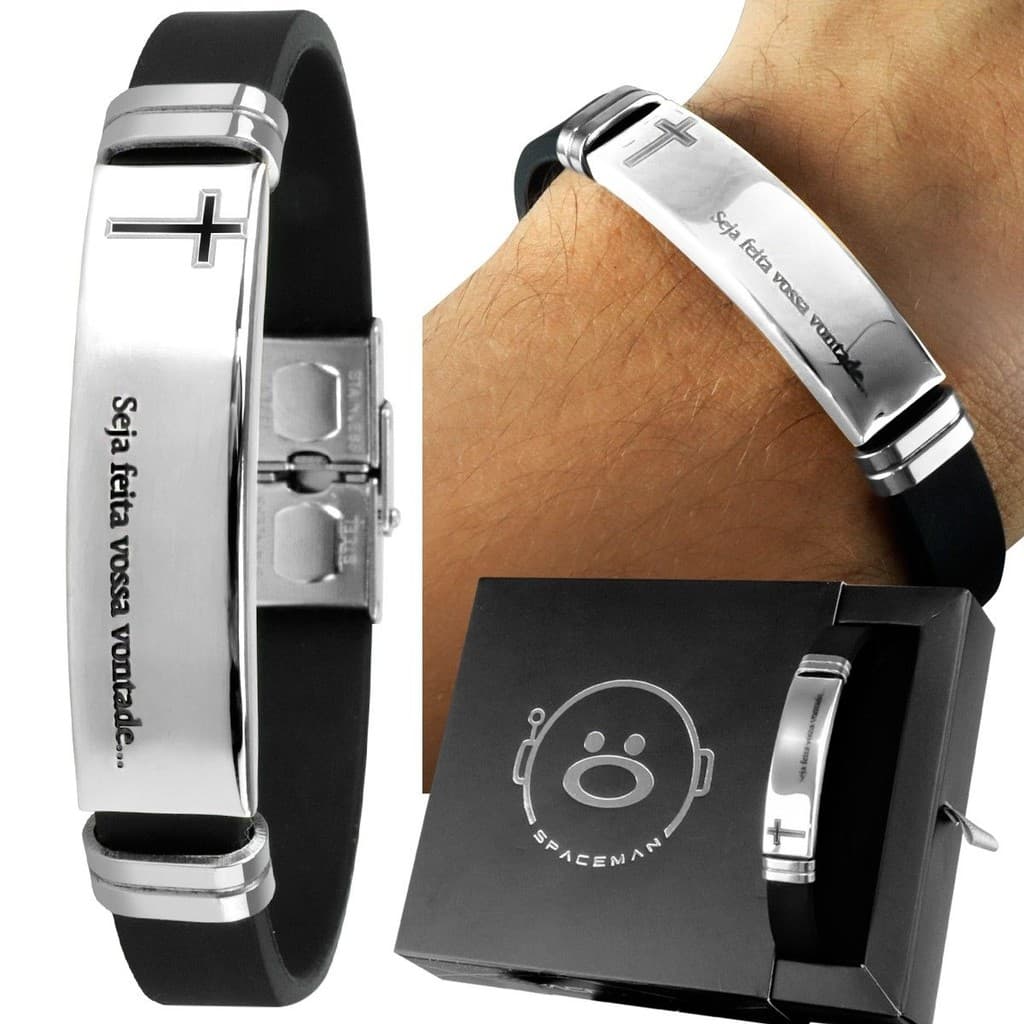 Pulseira masculina prata placa aço inox pai nosso + caixa casual religiosa original ajustavel social