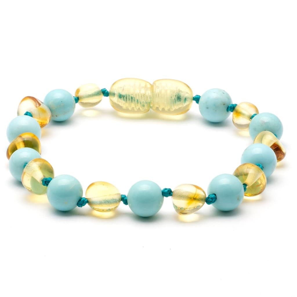 Pulseira de Âmbar Bebê Barroco Champagne Polido Com Turquesa