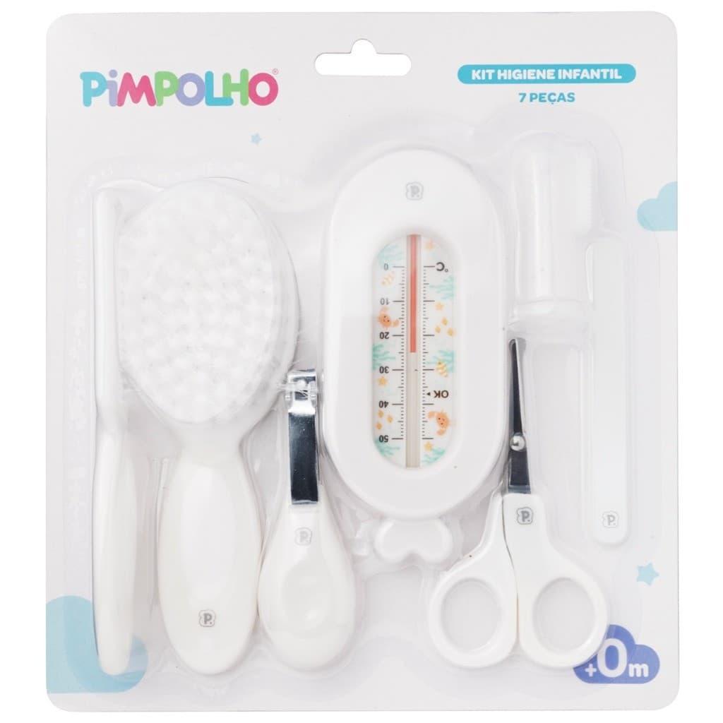 kit Higiene e cuidados 7 Peças Bebê Unha e Cabelo com Termômetro Pimpolho
