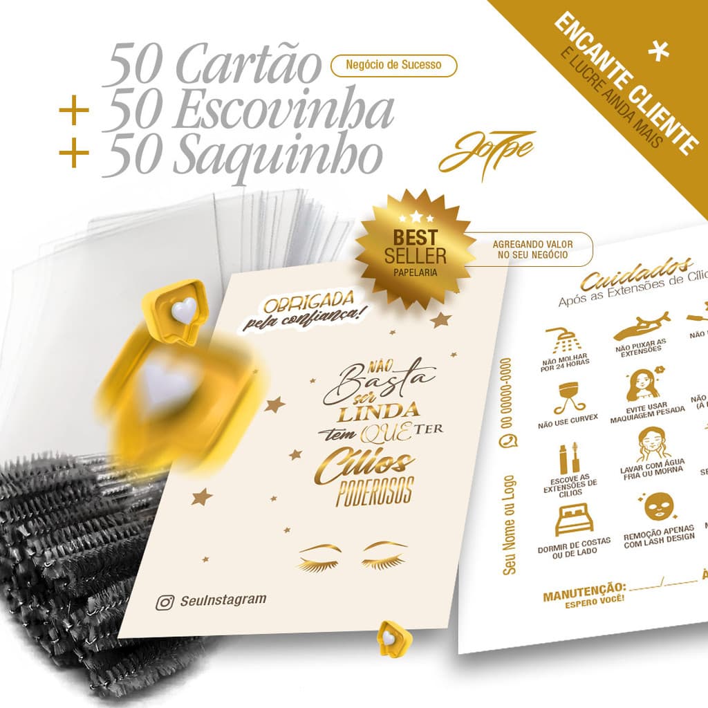 50 cartão cuidados DOURADO GOLD personalizado extensão de cílios henna micropigmentacao brow lifting 2 em 1  cliente