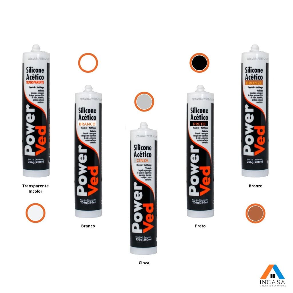 Kit 8 Silicone Acético Vedação Janelas Box Power Ved 280ml/256g Incolor Branco Cinza Preto e Bronze