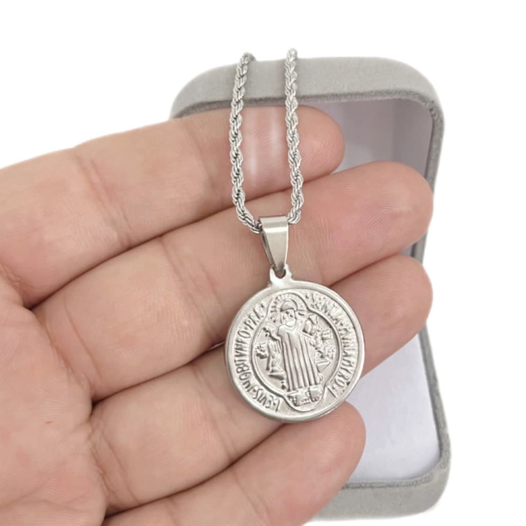 Medalha São Bento Duplaface Prata + Cordão Baiano  Aço Inox Para Presente Barato  Familia