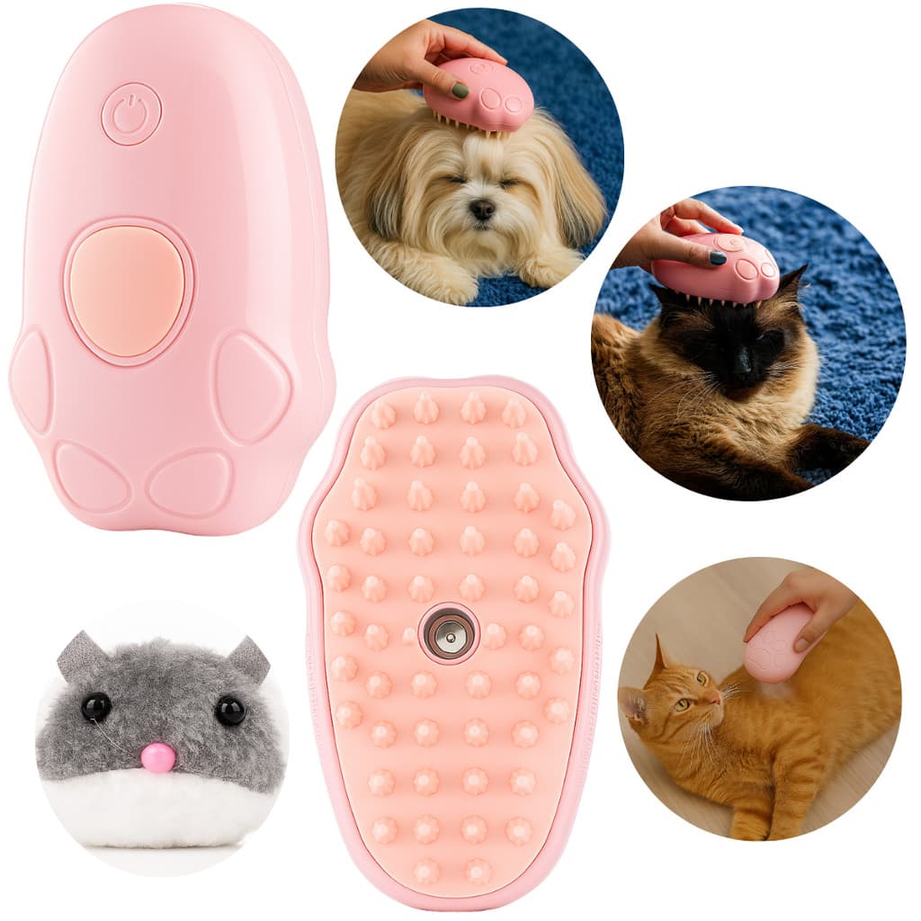 Escova a Vapor para Pets Removedor de Pelos Cães e Gatos Massageador Recarregável USB
