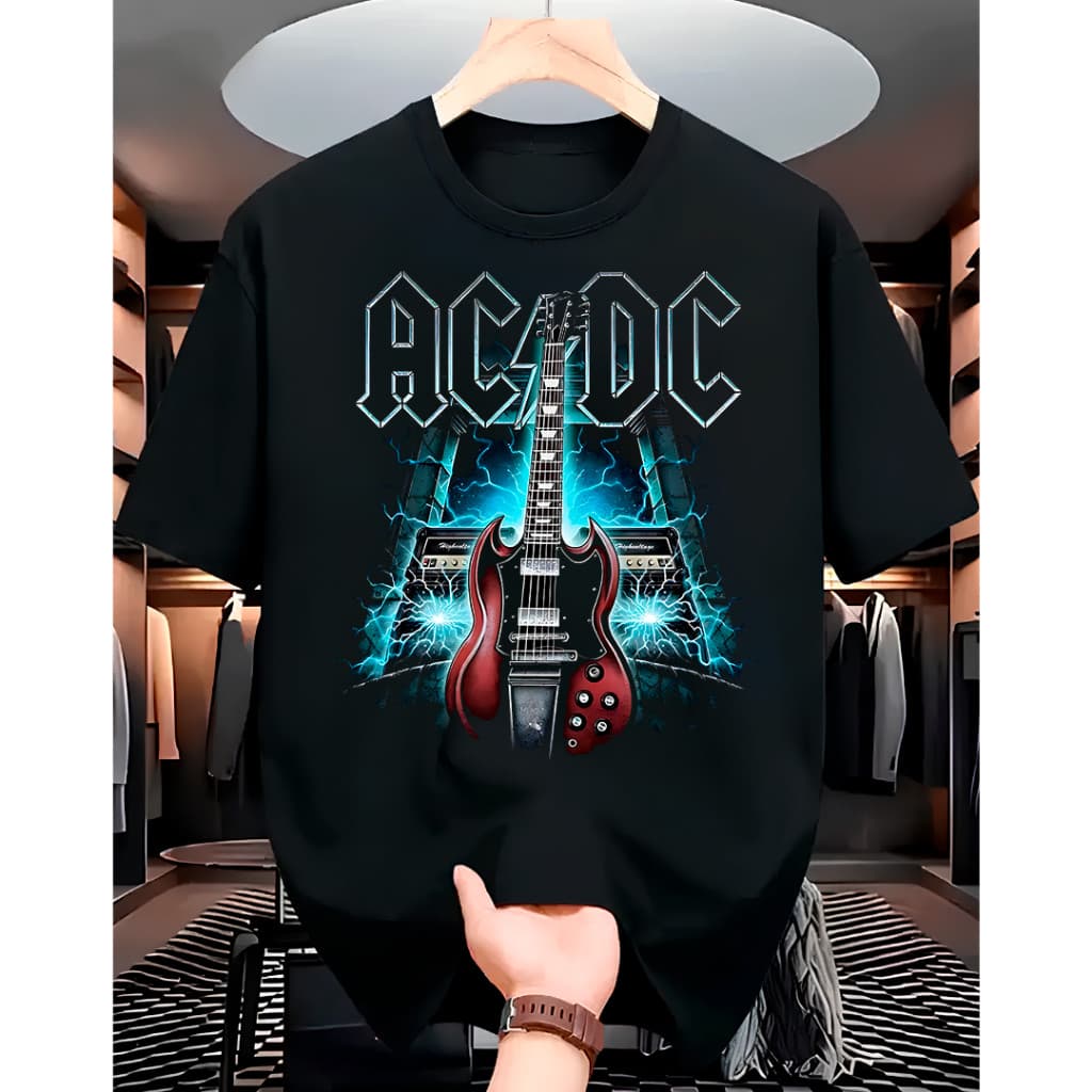 Camiseta Banda Rock ACDC Guitarra Preta Camisa Plus Size Feminina Masculina 100% Algodão