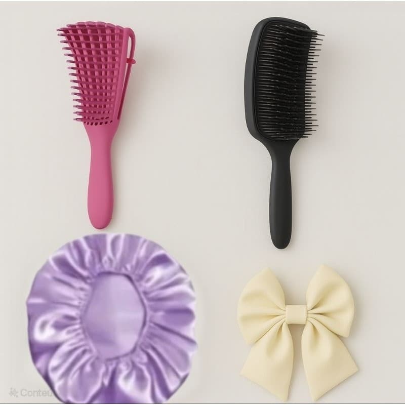 Kit 4 para Cabelos, Estilo e Proteção, Raquete, Polvo, Touca De Cetim,Laçocom presilha,Cores Aleatórias