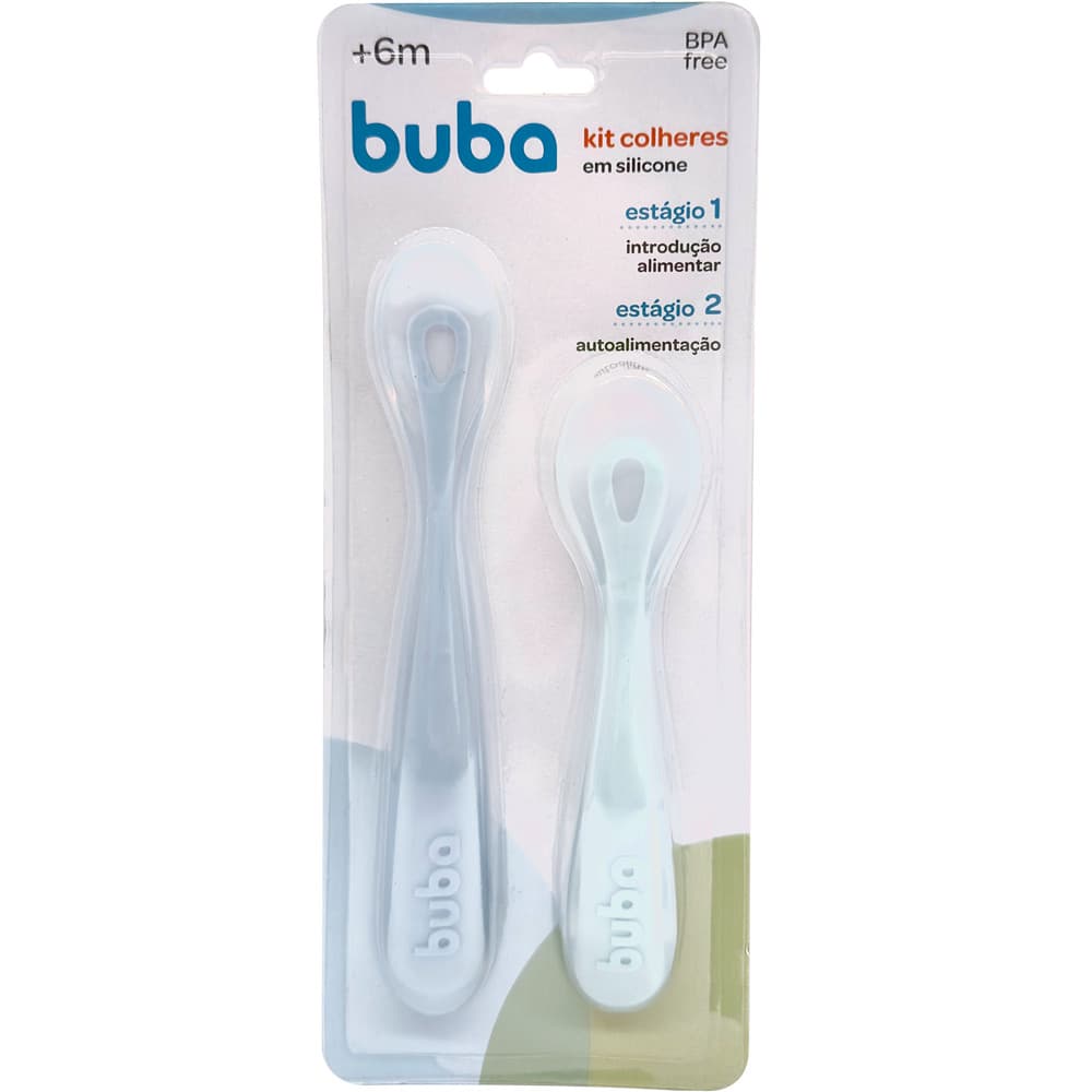 Kit 2 Colheres Silicone Buba Colher 2 Estágios Azul Introdução Alimentar Infantil Bebê Alimentação Papinha Buba 6 Meses