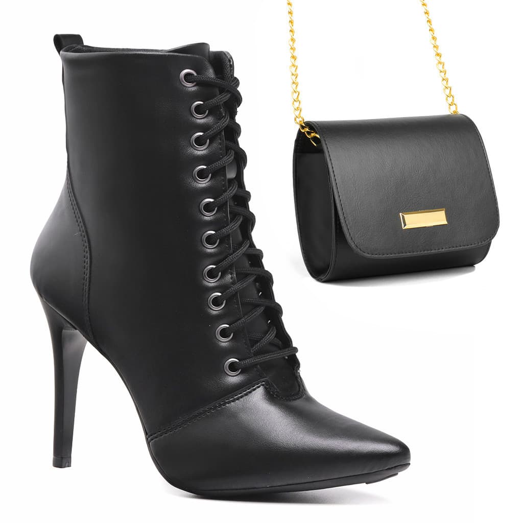 Kit Bota Feminina Salto Fino Cano Curto Botinha Coturno Amarrar + Bolsa Transversal Feminina