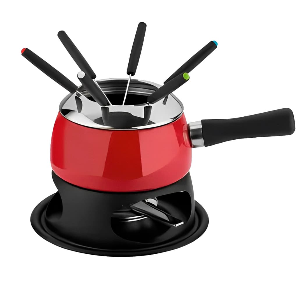 Kit Aparelho Fondue Serviço Servinia 12Pçs Conjunto Completo Panela Fundi Esmaltado com 6 Garfos Chocolate Queijo Carnes