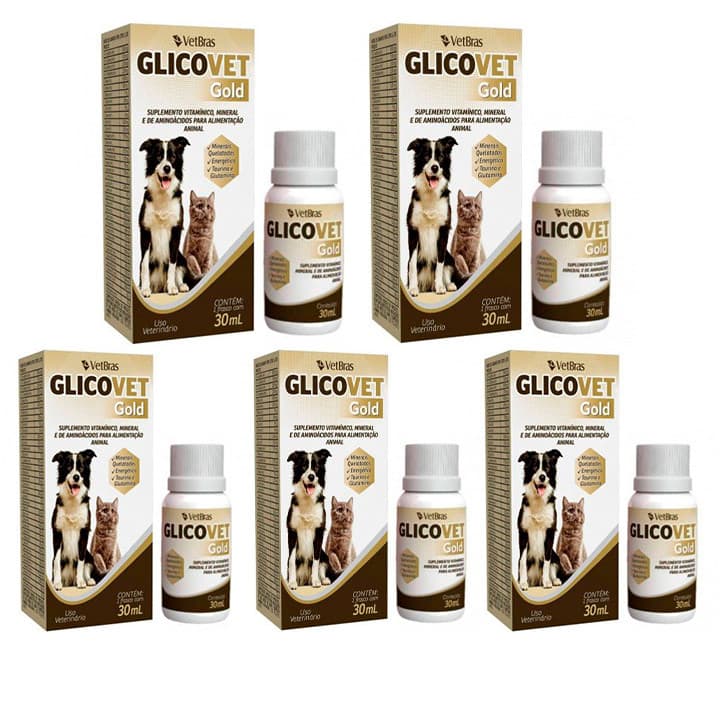 🐾 Glicovet Gold Suplemento Vitamínico Cães e Gatos Gotas 30ml Vitaminas Aminoácidos Kit 5un 🐾