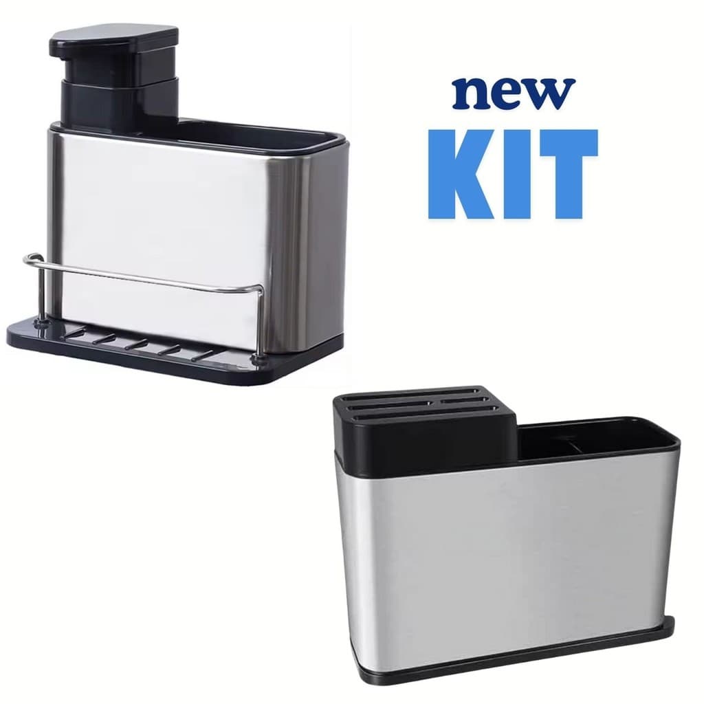 Kit: Escorredor de Talheres com Suporte de Facas + Porta Detergente Inox com Dispenser para Sabão e Esponja