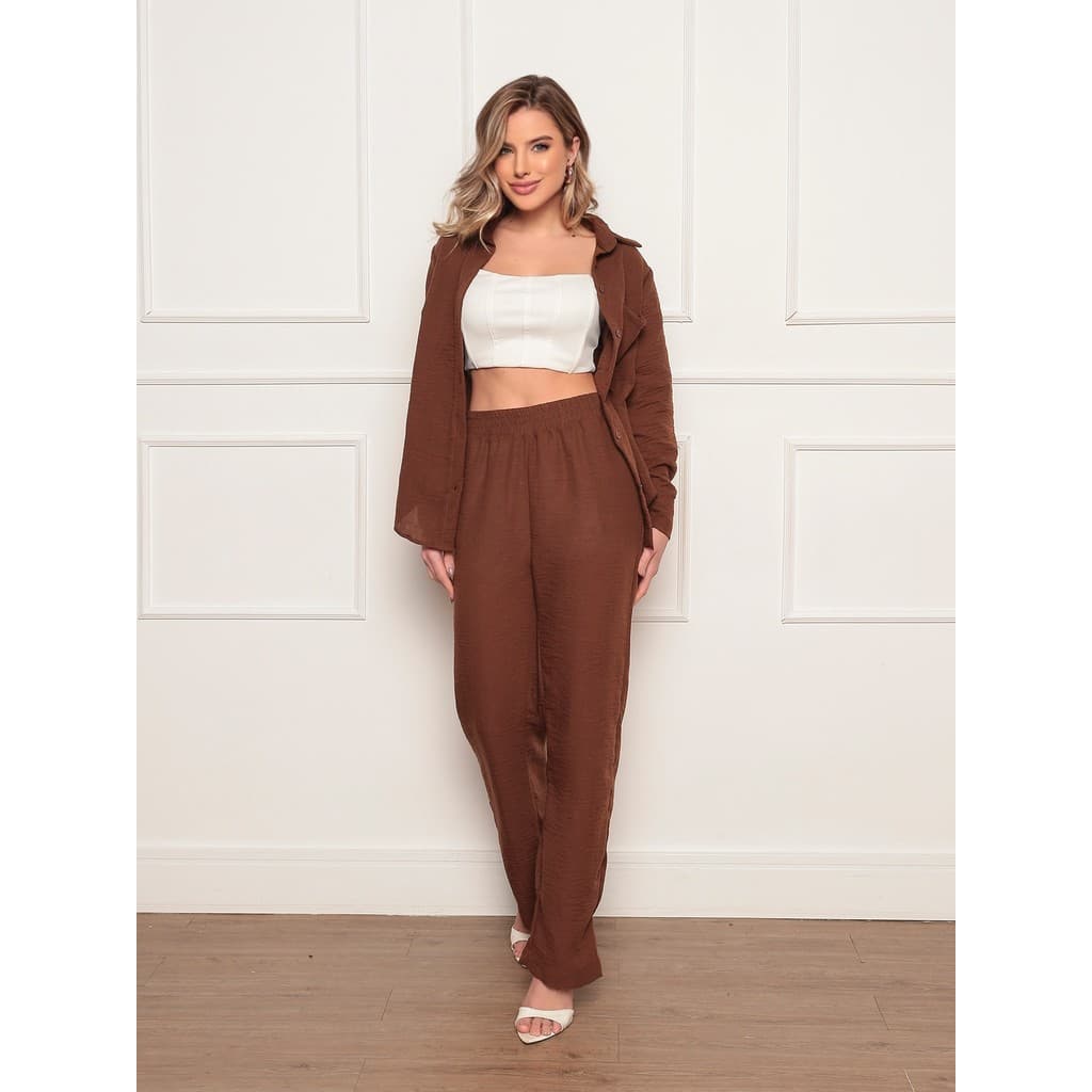 Conjunto Casual Feminino 2 Peças Camisa e Calça com Bolsos Estilo Leve para Verão Passeios ou Dia a Dia
