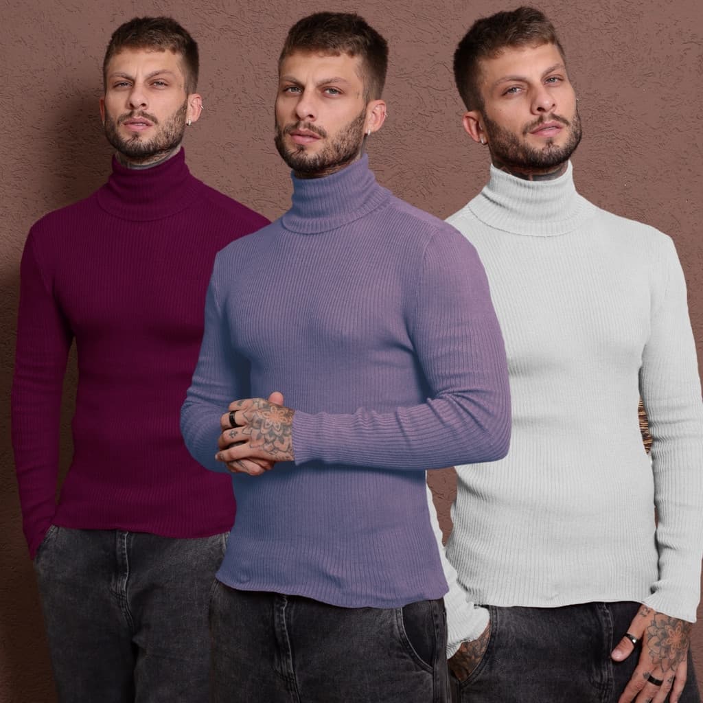 Kit 3 Blusas Masculinas Gola Alta Tricot Cacharrel Inverno Quente Casual Elegante Frio  Dia a Dia